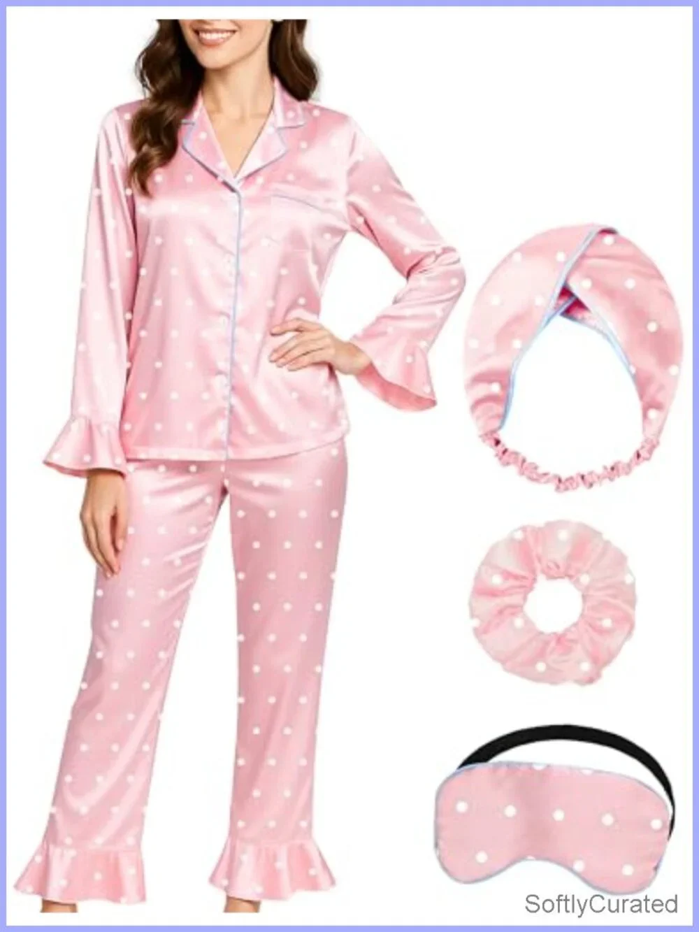 5 Pc Satin Pajama Set Long Sleeve Ruffle Button Down Pjs Sleepwear Loungewear